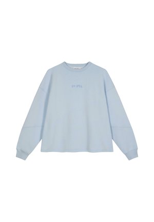 Lys blå bomulds sweatshirts med et cropped design, lange ærmer og en rund halsudskæring. Har broderet tekst i en lysere blå nuance.