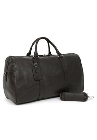 Borsa da viaggio in pelle marrone con forma arrotondata, doppi manici e una tracolla staccabile. Include un'etichetta per i bagagli e una superficie liscia.