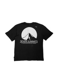 Black cotton t-shirt featuring a white graphic of a mountain and a full circle, labeled "SEVEN SUMMITS," with additional text below.
