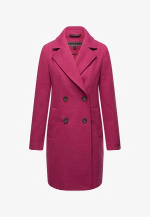 Fuchsias farvet dobbeltbrystet frakke lavet af tekstureret stof, med en bred krave, to forlommer og sorte knapper til lukning.