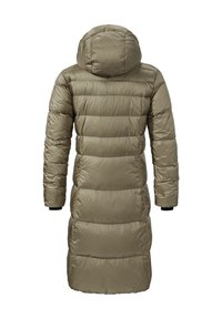 Cappotto imbottito lungo in verde oliva, caratterizzato da un cappuccio, un design trapuntato e polsini elastici. Tessuto morbido e lucido con una lunghezza lunga.