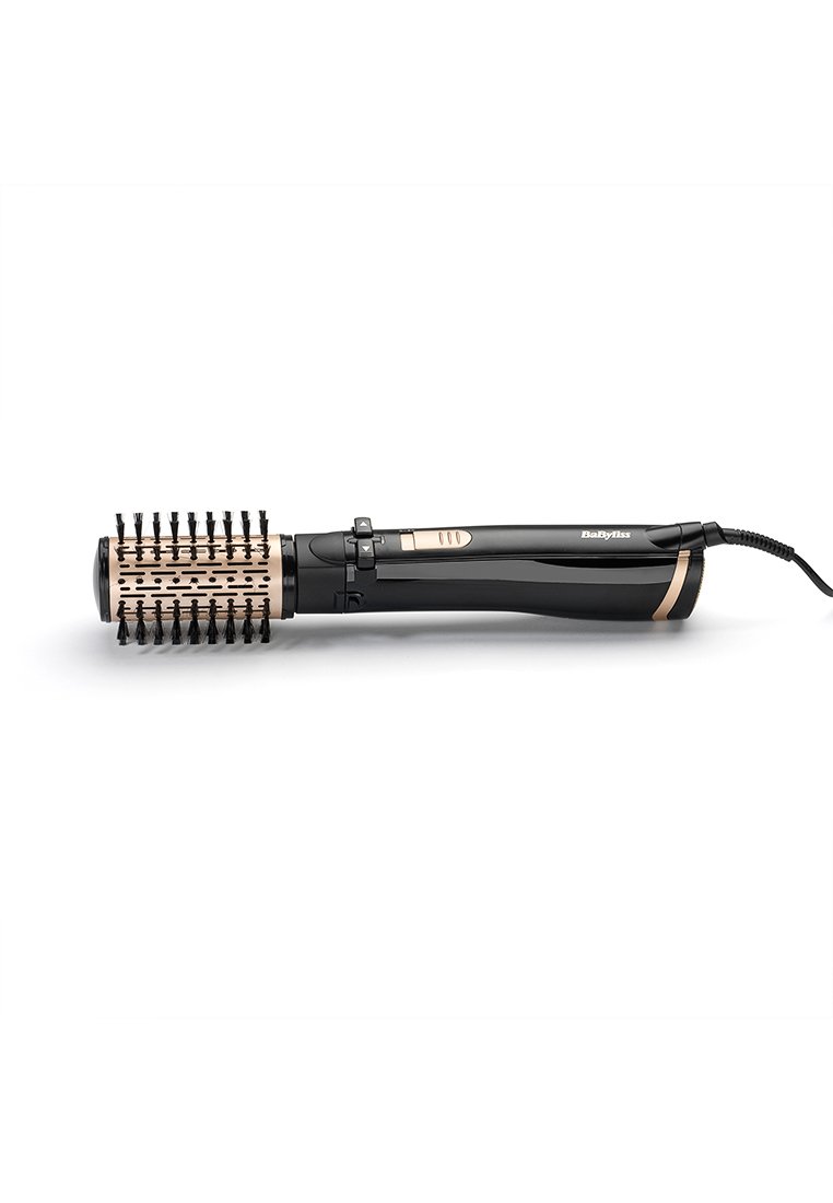 Cepillo de cabello eléctrico rotatorio en negro y oro rosa con cilindro ventilado y cable de alimentación, de la marca BaByliss.
