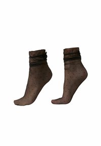 Sorte, gennemsigtige ankelsokker med et prikmønster, der har samlet stof ved anklen og en glat, struktureret finish.