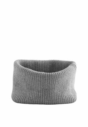 Scaldacollo grigio lavorato a maglia con motivo a coste, forma cilindrica e tessuto morbido e spesso progettato per offrire calore e comfort.