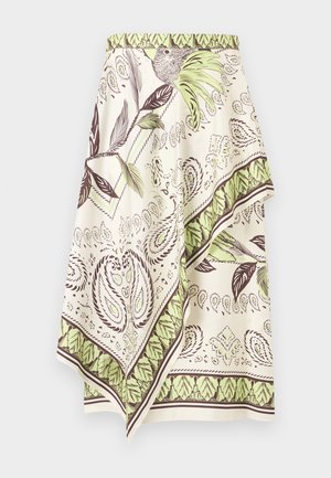 Cremefarvet asymmetrisk nederdel med grønne og brune botaniske og paisleyprint, der indeholder fugle- og bladmotiver over det hele.