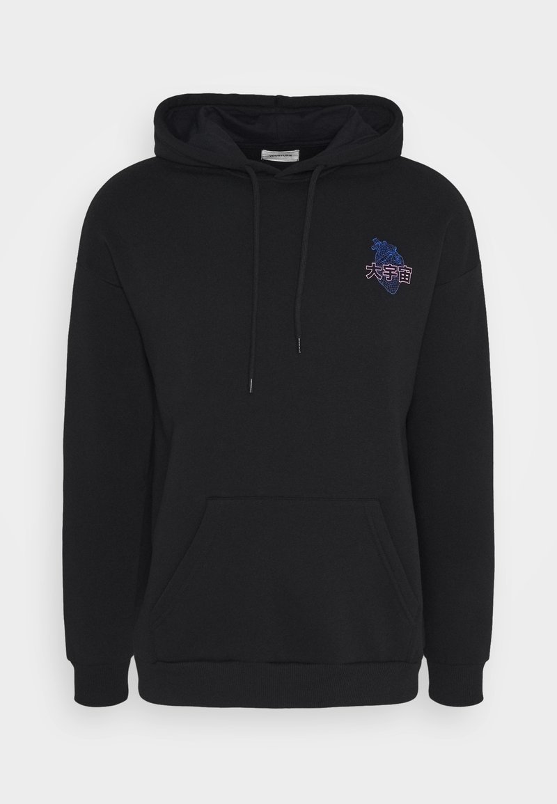 Sweat-shirt à capuche noir avec poche avant et graphique d'un cœur anatomique bleu avec des caractères japonais sur le côté gauche de la poitrine.