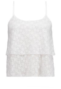 Bílá krajková tílko s tenkými ramínky, vrstvený design, květinový vzor, poloprůhledná textura a volný střih.