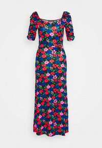 Květinové maxi šaty s nafouknutými rukávy, s černým pozadím ozdobeným živými červenými, růžovými a modrými květinami a zelenými listy.