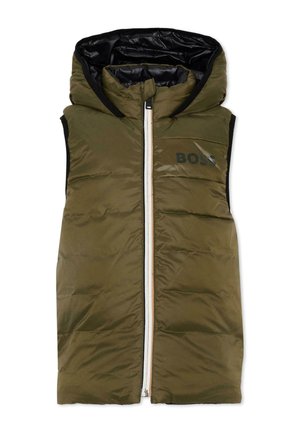 Gilet imbottito senza maniche verde oliva con fodera nera del cappuccio e zip bianca frontale, con un piccolo logo scuro sul petto.