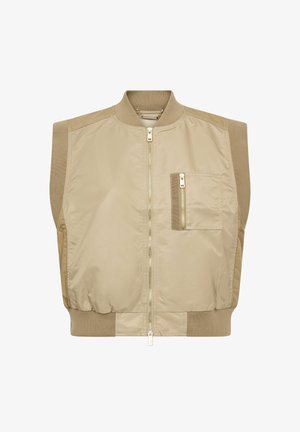 Ujjatlan, világos bézs színű bomber mellény bordázott gallérral és szegéllyel, elülső cipzárral és jobb oldalon cipzáras mellzsebbel.