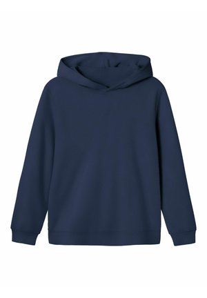 Granatowy, długi rękaw, bluza z kapturem typu pulower z przednią kieszenią, ściągaczami na mankietach oraz kapturem bez sznurków.