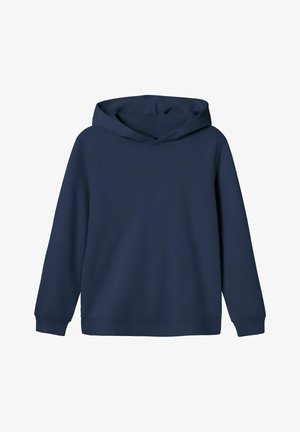 Sweat à capuche bleu marine à manches longues avec une poche avant, des poignets côtelés et une capuche sans cordons.