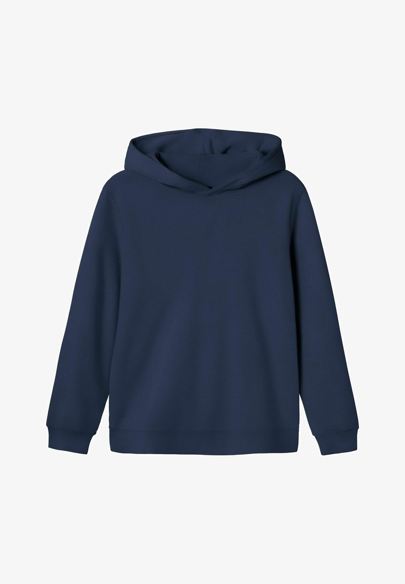 Sweat à capuche bleu marine à manches longues avec une poche avant, des poignets côtelés et une capuche sans cordons.