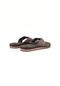 Black flip-flops with patterned fabric straps, featuring a textured sole and multi-colored outsole stripes in pink and orange.