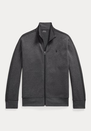Veste gris foncé zippée intégralement avec col montant, manches longues et petit logo brodé sur la poitrine gauche.