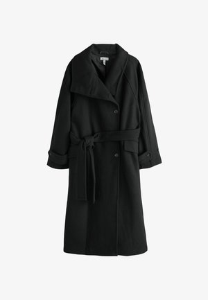 Black wool-blend coat with a wide collar, double-breasted front, belted waist, and rolled cuffs. Smooth texture with a relaxed fit.