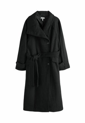 Schwarzer Wollmischmantel mit breitem Kragen, doppelter Knopfleiste, tailliertem Gürtel und umgeschlagenen Ärmel. Glatte Textur mit entspanntem Schnitt.