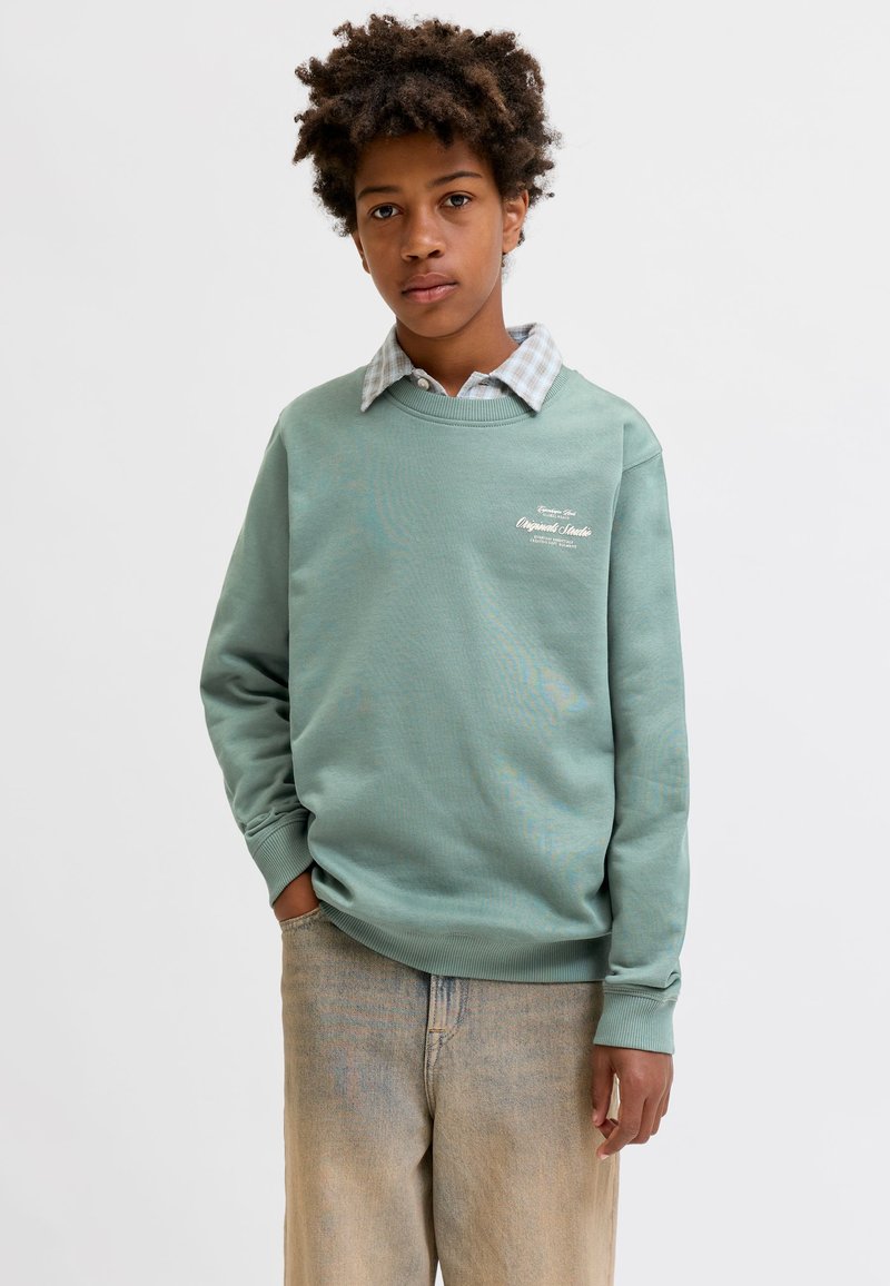 Jeune personne aux cheveux bouclés portant un sweat-shirt vert clair par-dessus une chemise à carreaux avec col et un pantalon beige, debout devant un fond uni.