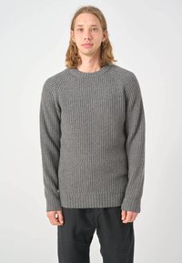 Grauer gestrickter Pullover mit geripptem Muster, Rundhalsausschnitt und langen Ärmeln. Das Design bietet eine taillierte Passform und lockere Bündchen, hergestellt aus weichem Material.