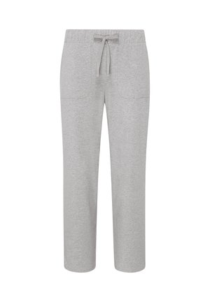 Jasnoszare spodnie dresowe z wiązanym w pasie sznurkiem i przednimi kieszeniami naszywanymi, proste nogawki, styl casual.