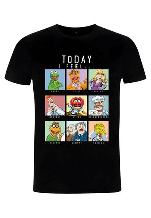 Black t-shirt featuring colorful cartoon characters in a grid, with the text "TODAY I FEEL..." above. Characters represent various emotions.