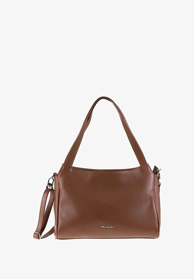 Borsa a tracolla in pelle marrone con texture morbida, forma strutturata, doppio manico, tracolla removibile e un piccolo logo sul davanti.