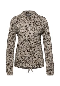 Camicia a maniche lunghe, con bottoni, di colore beige con macchie di leopardo nere, dotata di colletto e orlo con coulisse per una vestibilità regolabile. Texture liscia.