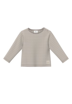 Langarm-T-Shirt in Hellgrau mit cremefarbenen Streifen, mit Rundhalsausschnitt, kleinen Druckknöpfen an den Schultern und einem dekorativen Etikett am Saum.