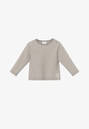 Langarm-T-Shirt in Hellgrau mit cremefarbenen Streifen, mit Rundhalsausschnitt, kleinen Druckknöpfen an den Schultern und einem dekorativen Etikett am Saum.