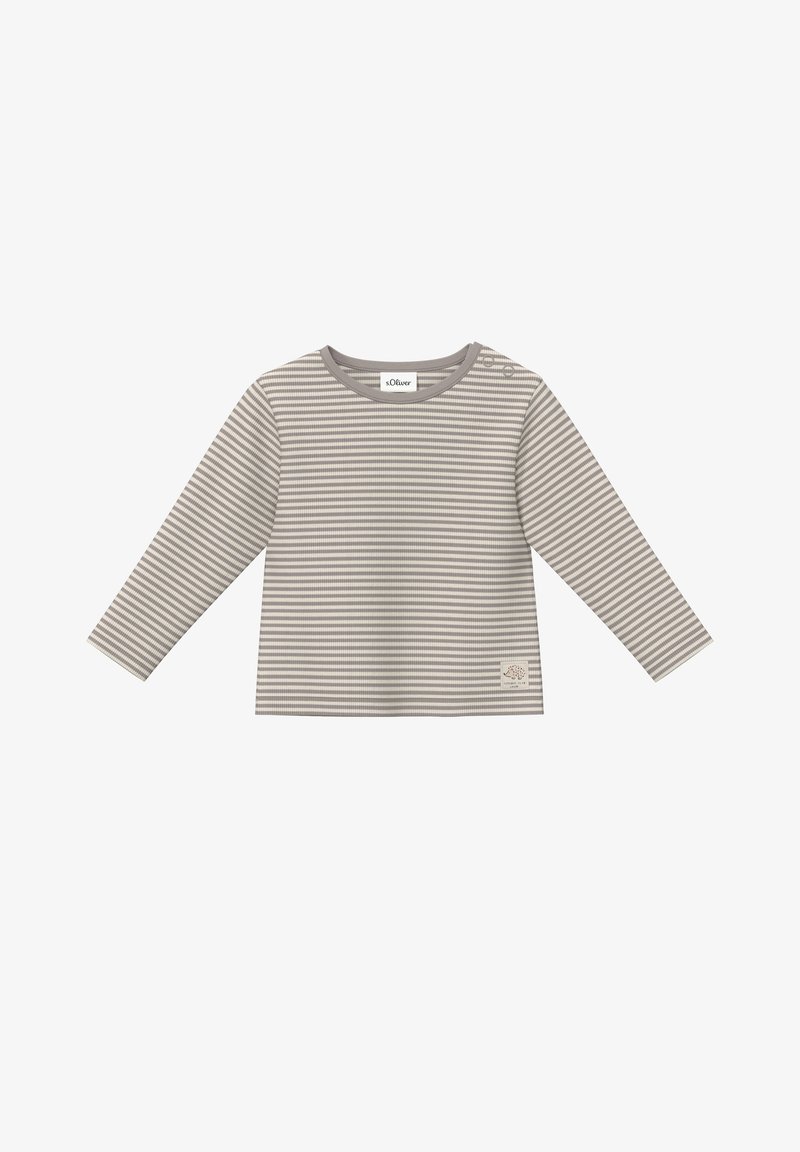 Langarm-T-Shirt in Hellgrau mit cremefarbenen Streifen, mit Rundhalsausschnitt, kleinen Druckknöpfen an den Schultern und einem dekorativen Etikett am Saum.