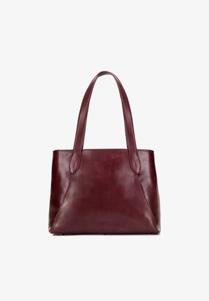 Sac fourre-tout en cuir bordeaux avec deux longues poignées, texture lisse, forme structurée et détails de couture subtils. Pas de quincaillerie ou d'accents visibles.