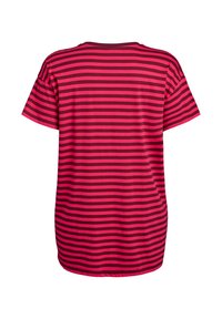 Short sleeve t-shirt in pink and dark red horizontal stripes. Made of soft fabric with a relaxed fit and round neckline.