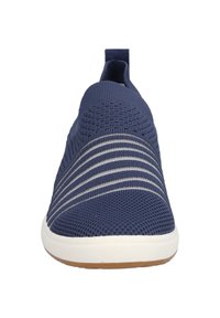 Navy slip-on shoes with a textured knit upper, featuring three light gray stripes across the midsection and a white rubber sole.