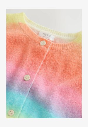 Õhuke kardigan, millel on oranzi, roosa ja sinise ombre-gradiendiga kudum, ümar kaelus ja esiäärde kinnituvad beežid nööbid.