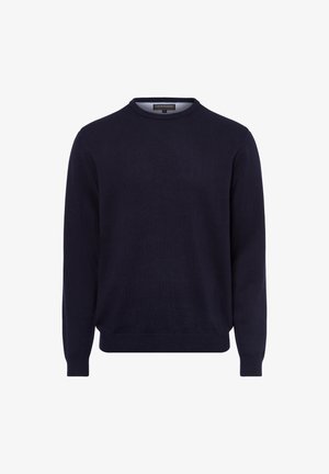 Marineblauwe gebreide trui, ronde hals, lange mouwen, geribbelde manchetten en zoom, gemaakt van zachte stof met een gladde textuur. Geen patronen of accenten.