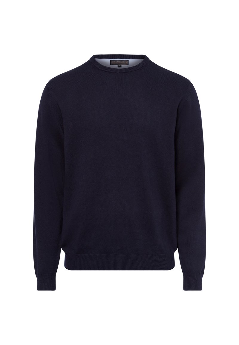 Dunkelblauer Strickpullover, Rundhalsausschnitt, lange Ärmel, gerippte Bündchen und Saum, aus weichem Stoff mit glatter Textur. Keine Muster oder Akzente.