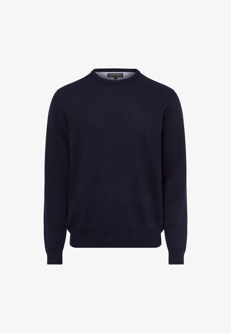 Dunkelblauer Strickpullover, Rundhalsausschnitt, lange Ärmel, gerippte Bündchen und Saum, aus weichem Stoff mit glatter Textur. Keine Muster oder Akzente.