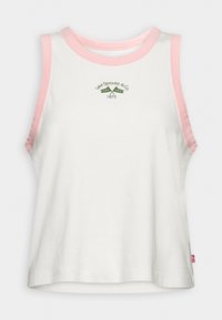 Vit ärmlös linne med rosa detaljer och en grön logotypdesign. Tillverkad av bomullsmaterial. Rakt fåll med en avslappnad passform.