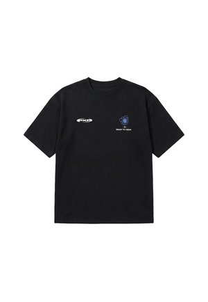 Black short-sleeve T-shirt with a small blue flower and "READY TO WEAR" text on left chest and white oval "PXP" logo on right chest.