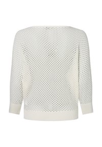 Weißer Strickpullover mit offenem Netzdesign, Dreiviertelärmel und gerippten Säumen und Bündchen. Leicht und atmungsaktiv.
