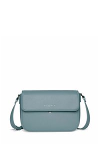 Borsa a spalla in pelle blu di forma rettangolare, con chiusura a pattina e hardware in argento; dotata di tracolla rimovibile.