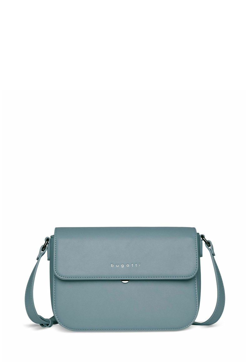 Borsa a spalla in pelle blu di forma rettangolare, con chiusura a pattina e hardware in argento; dotata di tracolla rimovibile.