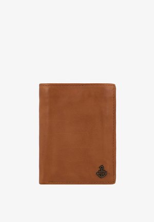 Brown leather wallet with a smooth texture and stitched edges. Features a small black anchor detail in the lower corner. Rectangular shape.