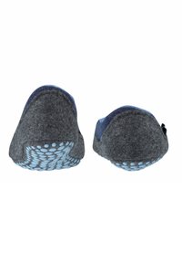 Scarpe slip-on grigie con forma arrotondata, caratterizzate da un motivo a pois blu sulla suola. La parte superiore ha un morbido accento testurizzato di colore blu.