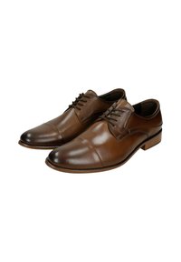 Scarpe eleganti in pelle marrone con una finitura lucida, punta rotonda e cuciture minime. Presentano un design con lacci e un tacco basso.