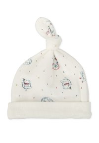 Gorro blanco para bebé con puño acanalado, parte superior anudada y pequeños estampados de animales y estrellas en azul y rojo.
