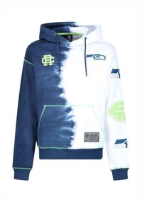 Hooded sweatshirt med ett batikmönster i marinblått och vitt, med gröna accenter, logopatchar och en kängurufickdesign.