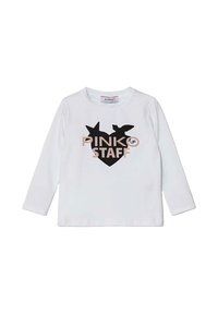 T-shirt bianco a maniche lunghe con un design grafico nero che presenta stelle, una forma a cuore e la dicitura "PINKO STAFF" con finitura metallica.