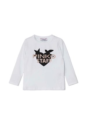 T-shirt bianco a maniche lunghe con un design grafico nero che presenta stelle, una forma a cuore e la dicitura "PINKO STAFF" con finitura metallica.