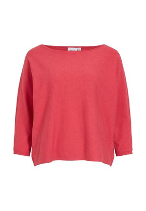 Koraalrode trui met lange mouwen, een brede boothals en een losse, ontspannen pasvorm.